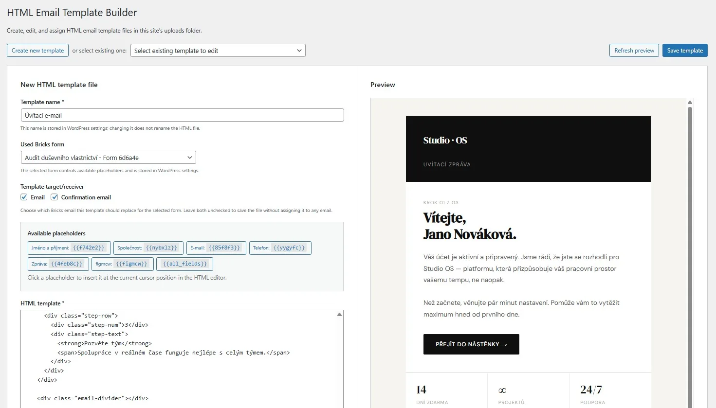 Ukázka pluginu Bricks Email Templates