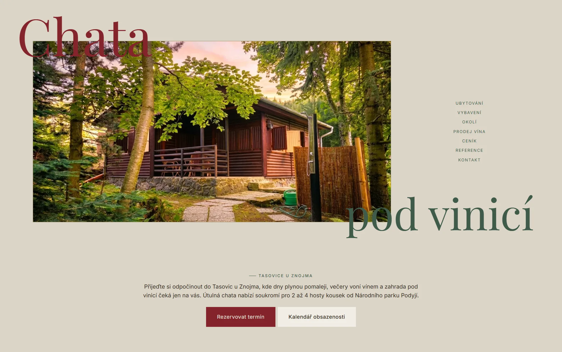 Ukázka one-page webu Chata pod vinicí