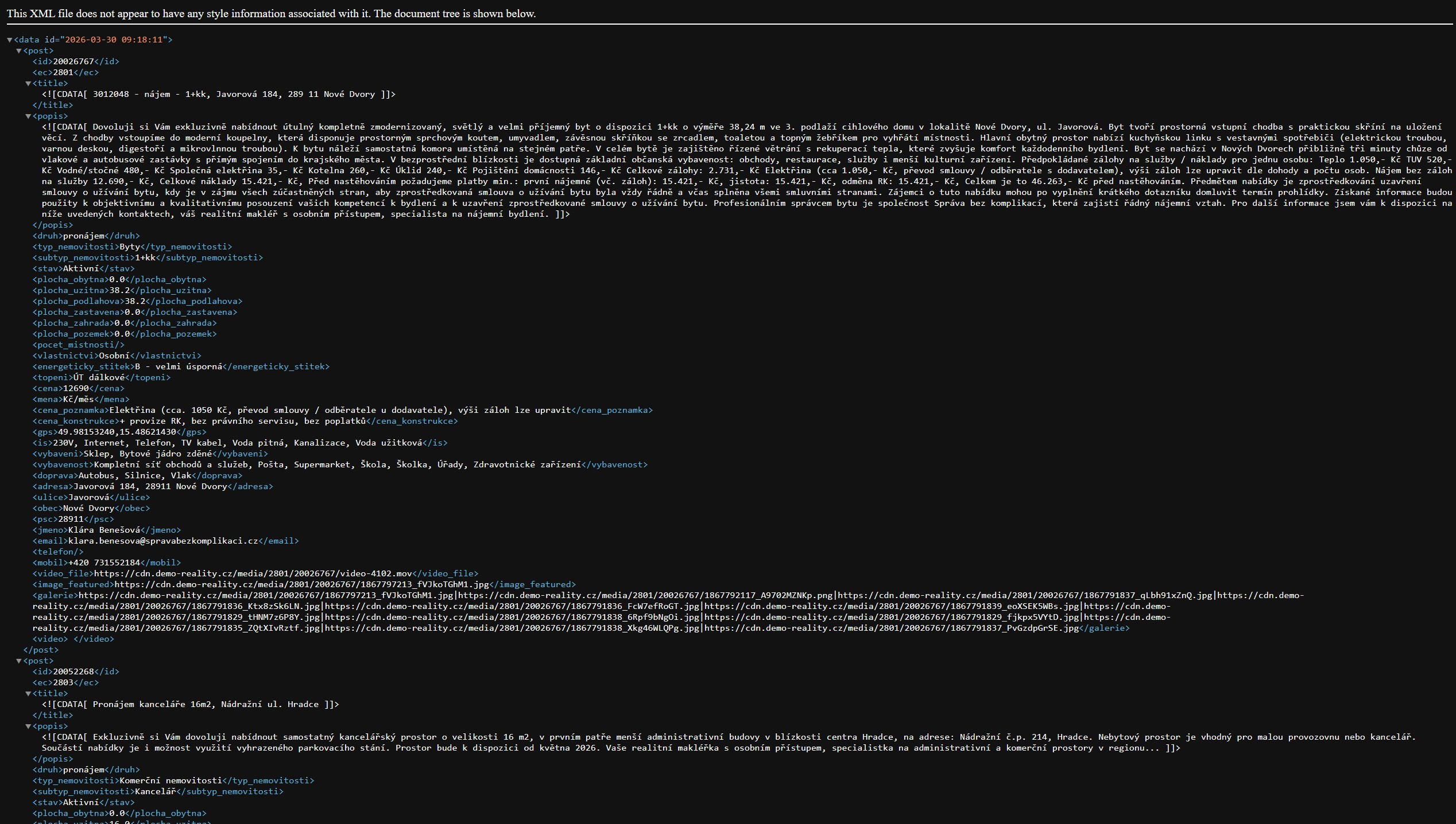 Ukázka importu realit ze Seznam Reality